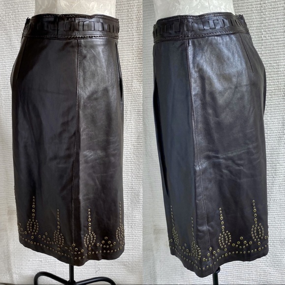 Elie Tahari M Leather Boho Pencil Skirt Brown - Picture 9 of 14